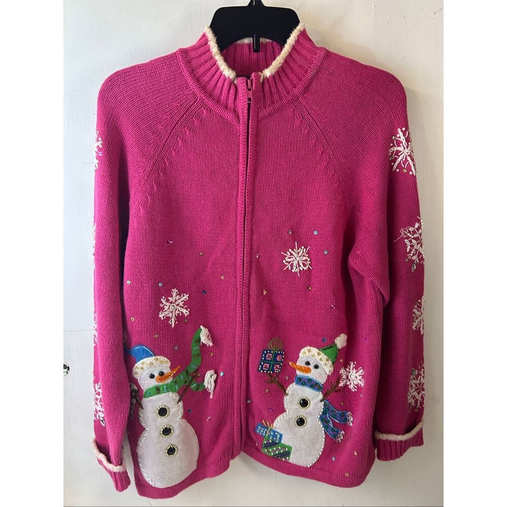Star Blue originals Large L  Snowman pink Christmas sweater Snowflakes‎